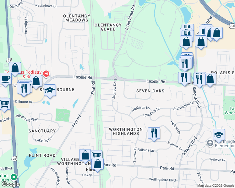 map of restaurants, bars, coffee shops, grocery stores, and more near 8302 Stratford Chase Drive in Westerville