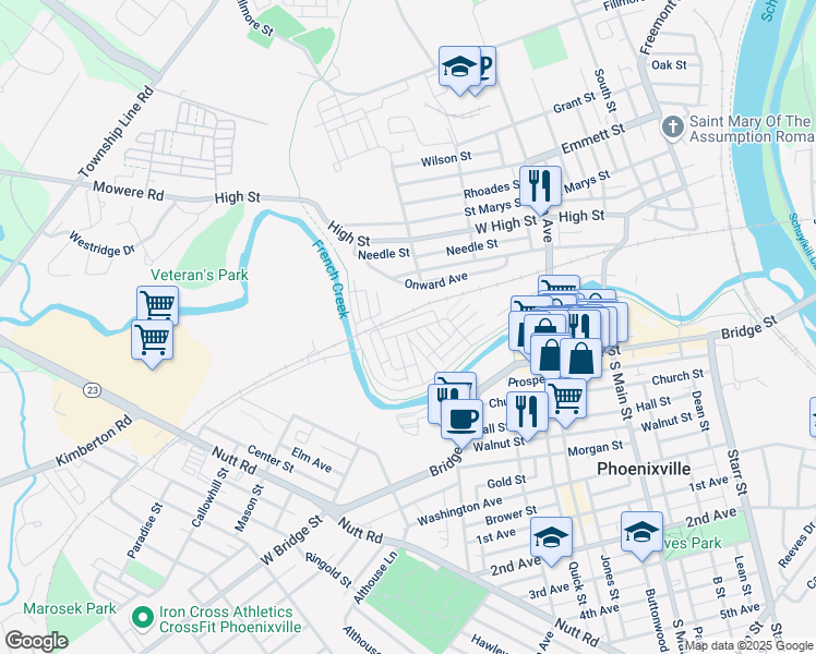 map of restaurants, bars, coffee shops, grocery stores, and more near 98 Paradise Street in Phoenixville