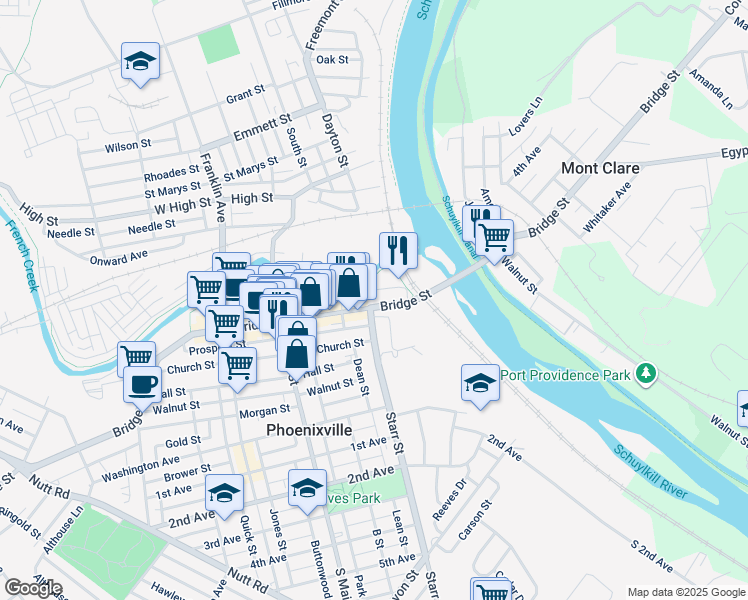 map of restaurants, bars, coffee shops, grocery stores, and more near 99 Bridge Street in Phoenixville