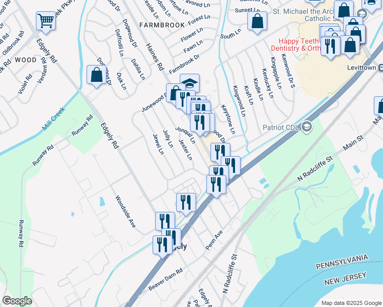 map of restaurants, bars, coffee shops, grocery stores, and more near 18 Jester Lane in Levittown