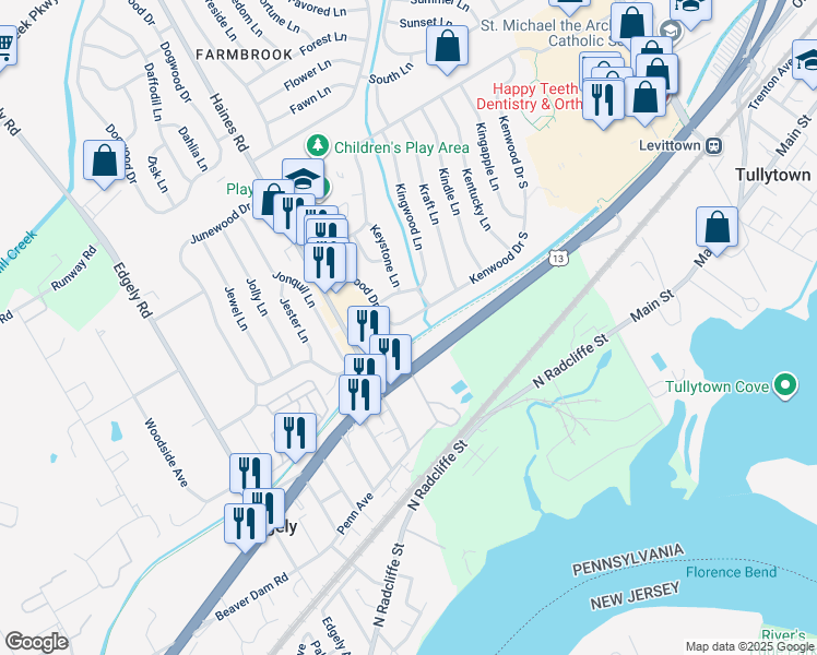 map of restaurants, bars, coffee shops, grocery stores, and more near 64 Kenwood Drive South in Levittown