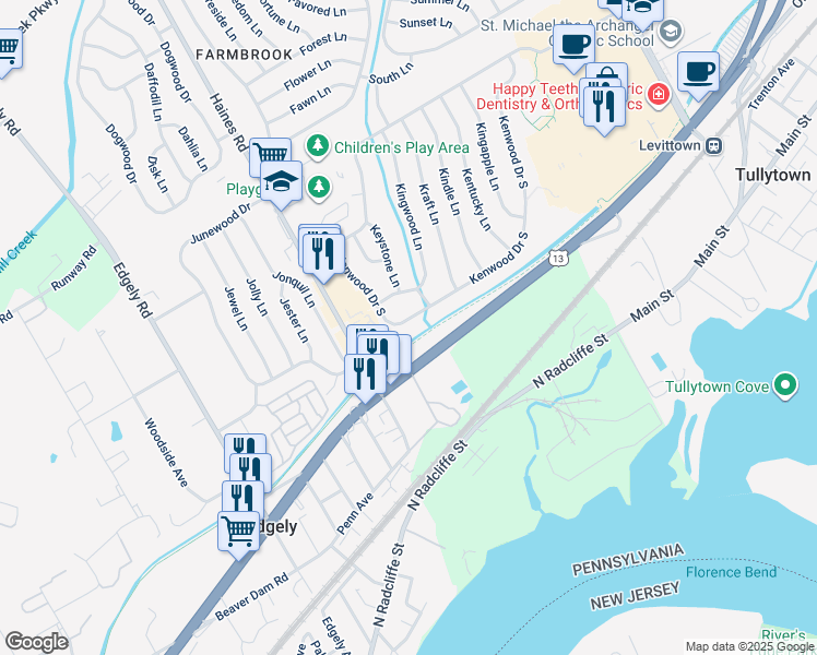 map of restaurants, bars, coffee shops, grocery stores, and more near 64 Kenwood Drive South in Levittown