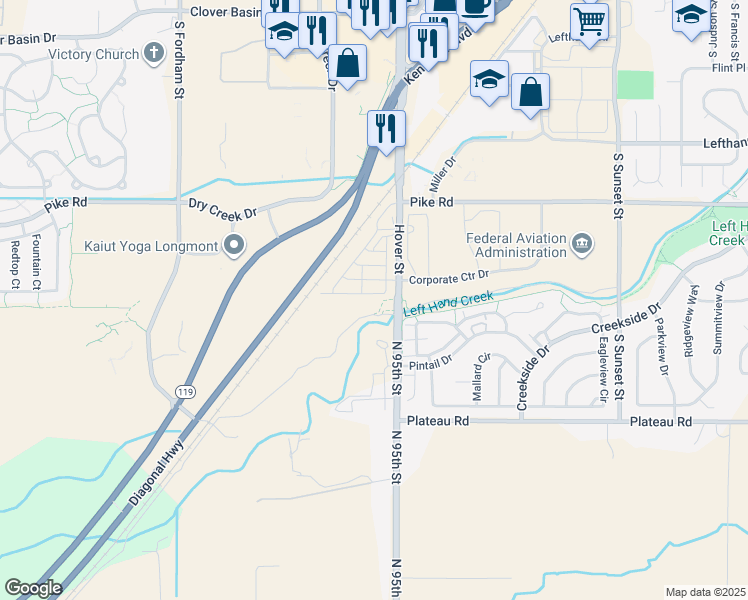 map of restaurants, bars, coffee shops, grocery stores, and more near Longmont-to-Boulder (LOBO) Regional Trail in Longmont