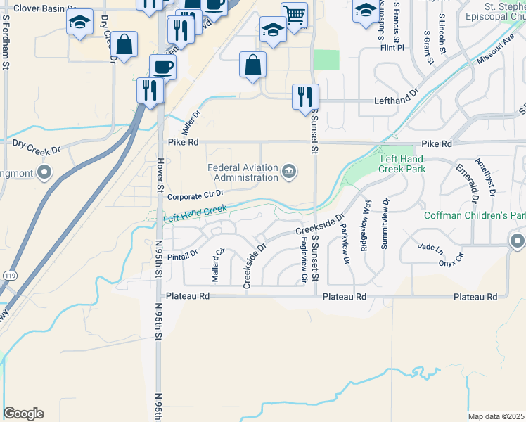 map of restaurants, bars, coffee shops, grocery stores, and more near 2109 Springs Place in Longmont