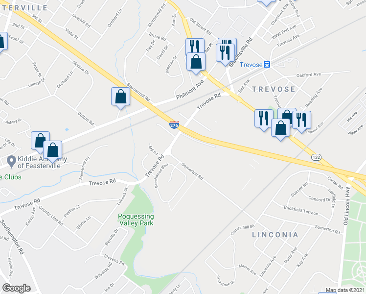 map of restaurants, bars, coffee shops, grocery stores, and more near 4701 Somerton Road in Bucks County