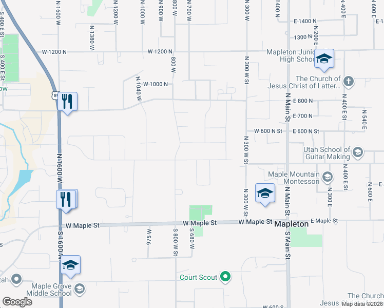 map of restaurants, bars, coffee shops, grocery stores, and more near 648 West 400 North in Mapleton
