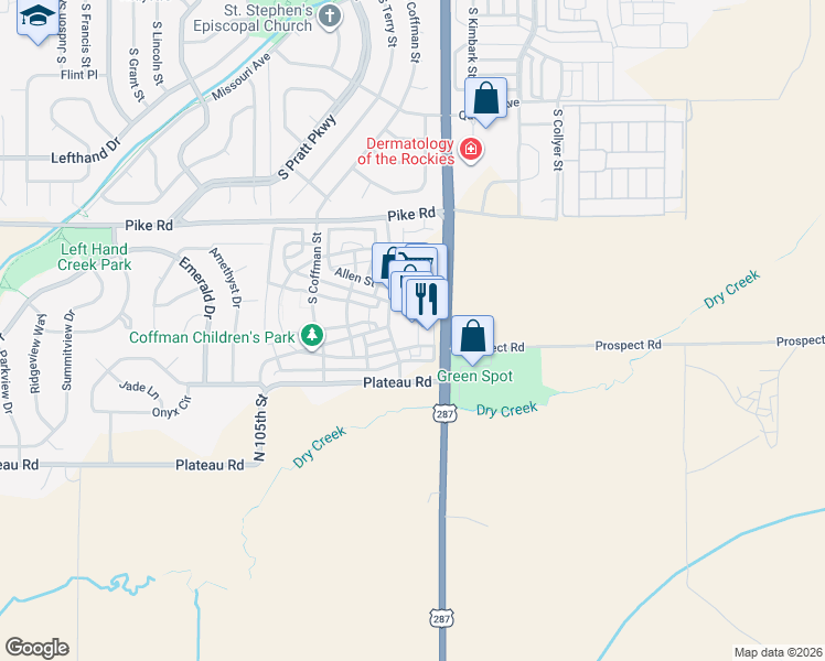 map of restaurants, bars, coffee shops, grocery stores, and more near 1117 Neon Forest Circle in Longmont