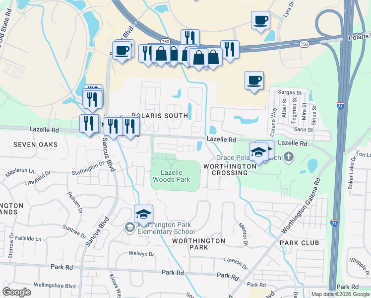 map of restaurants, bars, coffee shops, grocery stores, and more near 440 Lazelle Road in Columbus
