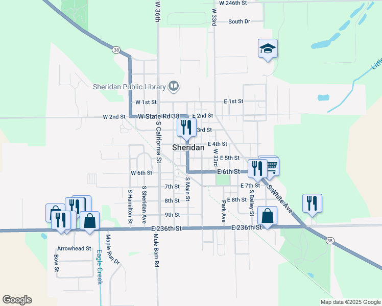 map of restaurants, bars, coffee shops, grocery stores, and more near 502 South Georgia Street in Sheridan