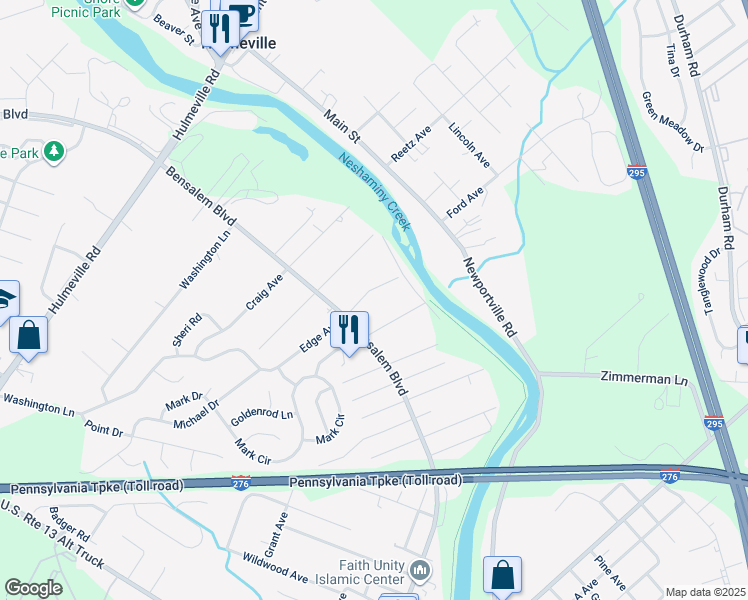map of restaurants, bars, coffee shops, grocery stores, and more near 6353 Edge Avenue in Bensalem