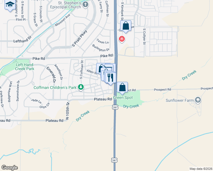 map of restaurants, bars, coffee shops, grocery stores, and more near 1117 Neon Forest Circle in Longmont
