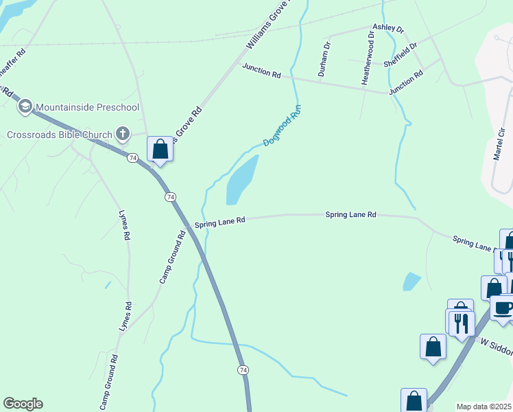 map of restaurants, bars, coffee shops, grocery stores, and more near 72 Spring Lane Road in Dillsburg