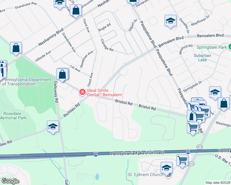 map of restaurants, bars, coffee shops, grocery stores, and more near 4502 Rosemarie Drive in Bensalem