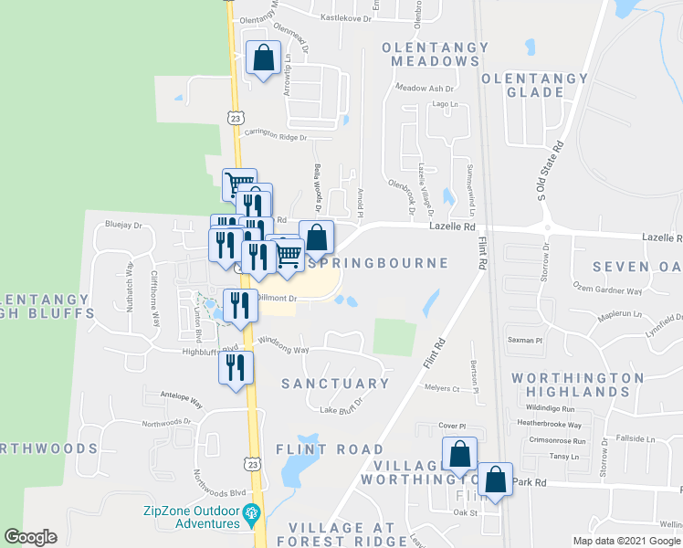 map of restaurants, bars, coffee shops, grocery stores, and more near 128 Dillmont Drive in Columbus