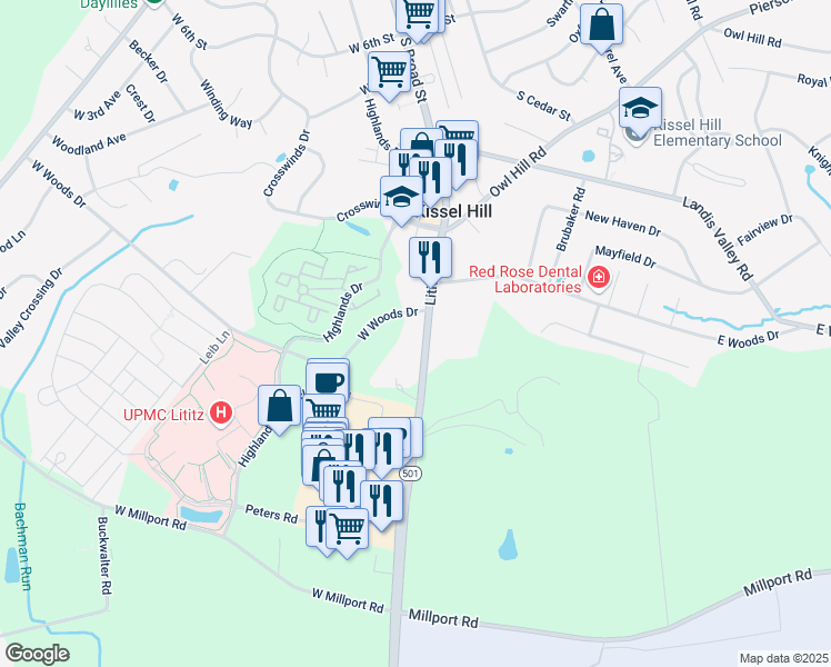 map of restaurants, bars, coffee shops, grocery stores, and more near 932 Lititz Pike in Lititz