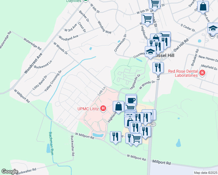 map of restaurants, bars, coffee shops, grocery stores, and more near 217 West Woods Drive in Lititz