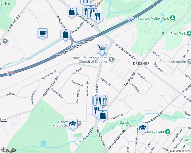 map of restaurants, bars, coffee shops, grocery stores, and more near 1960 Limekiln Pike in Dresher