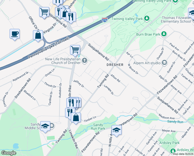 map of restaurants, bars, coffee shops, grocery stores, and more near 1026 Windsor Avenue in Dresher