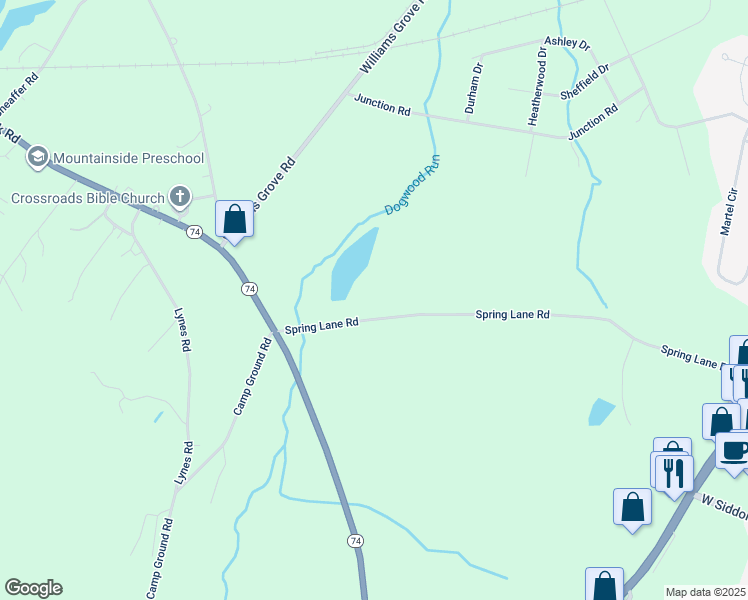 map of restaurants, bars, coffee shops, grocery stores, and more near 72 Spring Lane Road in Dillsburg
