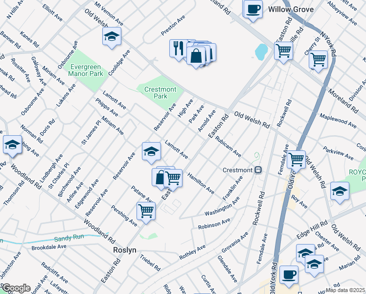 map of restaurants, bars, coffee shops, grocery stores, and more near 1644 Arnold Avenue in Willow Grove