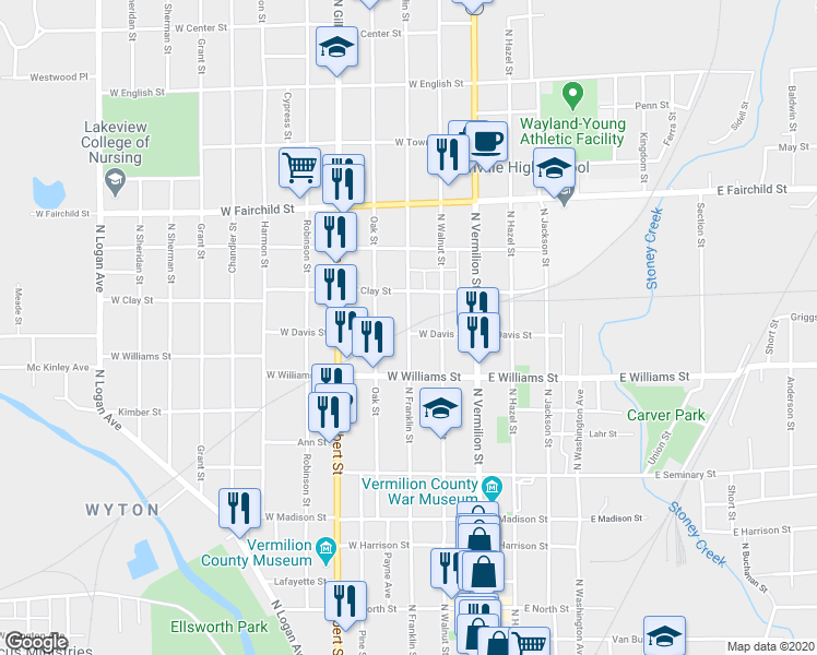 map of restaurants, bars, coffee shops, grocery stores, and more near 600 North Franklin Street in Danville
