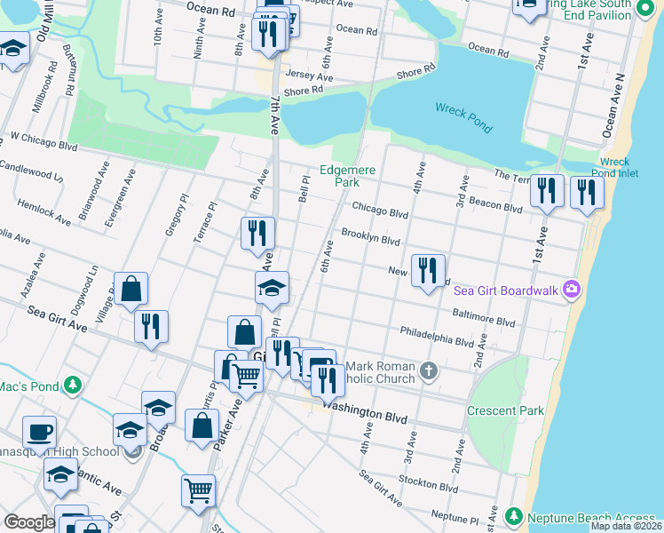 map of restaurants, bars, coffee shops, grocery stores, and more near 601 New York Boulevard in Sea Girt