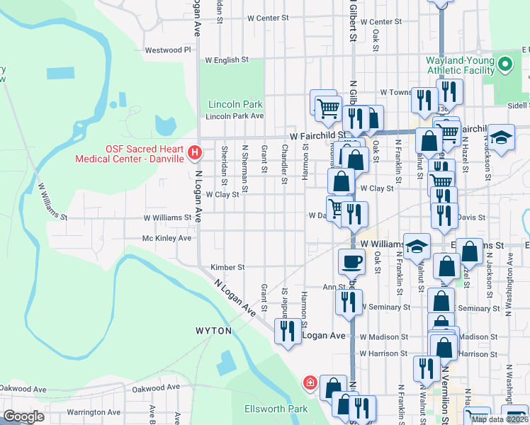 map of restaurants, bars, coffee shops, grocery stores, and more near 707 West Clay Street in Danville