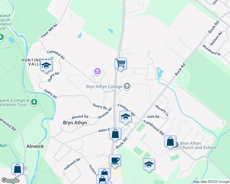 map of restaurants, bars, coffee shops, grocery stores, and more near in Bryn Athyn
