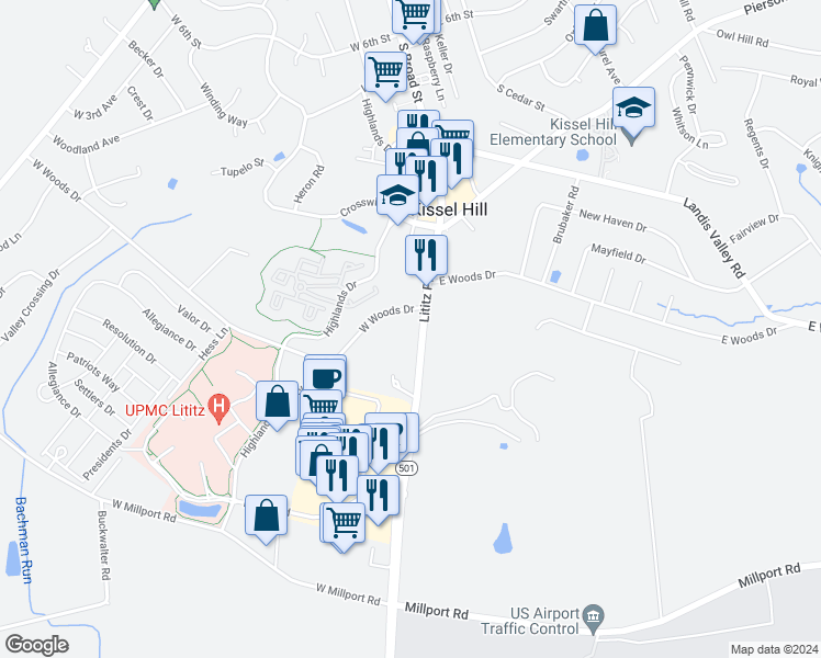 map of restaurants, bars, coffee shops, grocery stores, and more near 3 West Woods Drive in Lititz