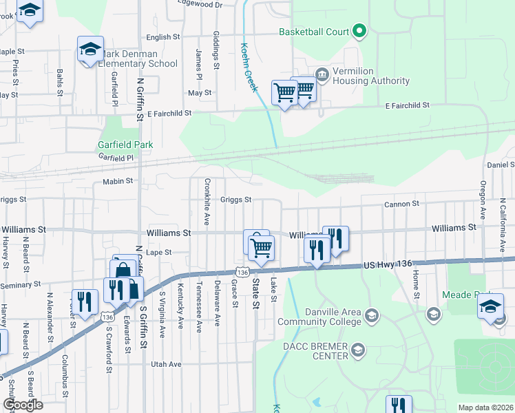 map of restaurants, bars, coffee shops, grocery stores, and more near 1765-1799 Griggs Street in Danville