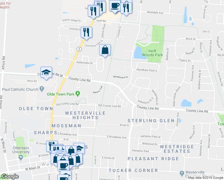 map of restaurants, bars, coffee shops, grocery stores, and more near 157 Retreat Lane in Westerville