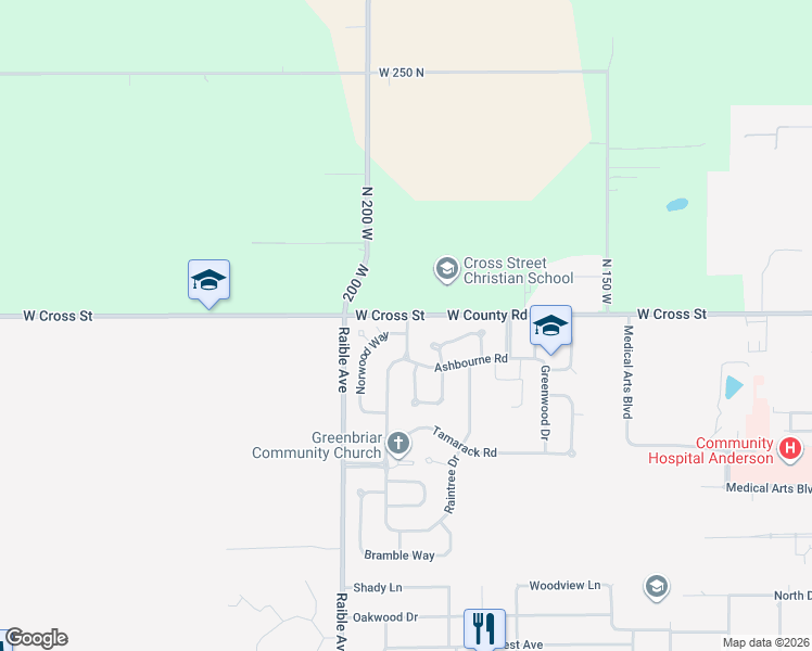 map of restaurants, bars, coffee shops, grocery stores, and more near 1845 West Cross Street in Anderson