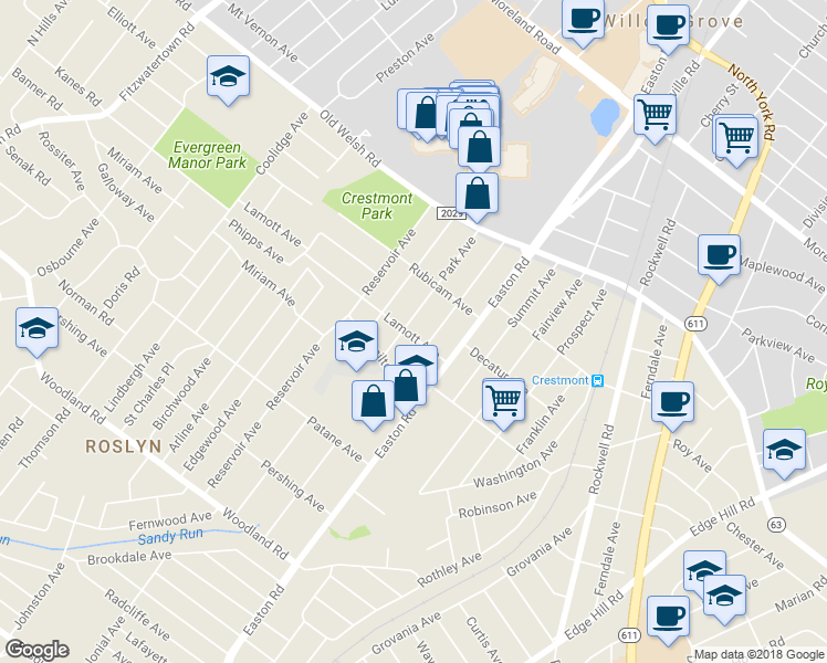 map of restaurants, bars, coffee shops, grocery stores, and more near 2435 Lamott Avenue in Willow Grove
