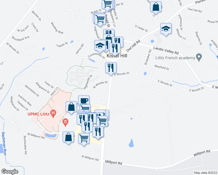 map of restaurants, bars, coffee shops, grocery stores, and more near 932 Lititz Pike in Lititz