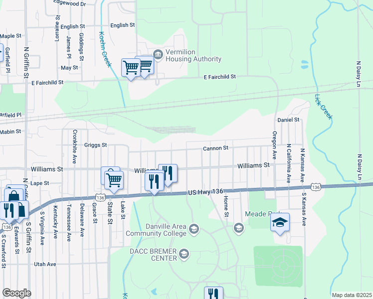 map of restaurants, bars, coffee shops, grocery stores, and more near 199 Indiana Street in Danville