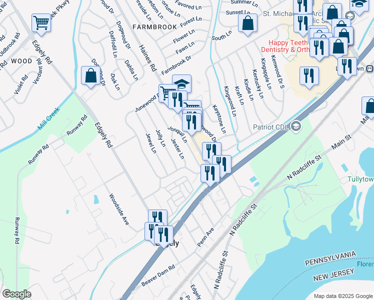 map of restaurants, bars, coffee shops, grocery stores, and more near 27 Jonquil Lane in Levittown