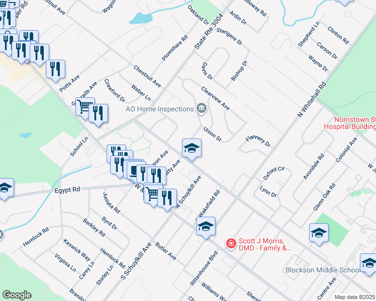 map of restaurants, bars, coffee shops, grocery stores, and more near 104 Liberty Avenue in Norristown