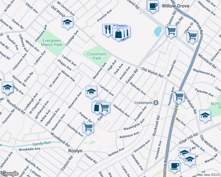 map of restaurants, bars, coffee shops, grocery stores, and more near 1644 Arnold Avenue in Willow Grove