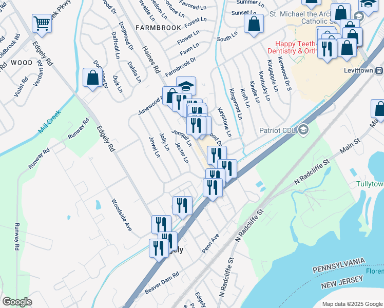 map of restaurants, bars, coffee shops, grocery stores, and more near 27 Jonquil Lane in Levittown