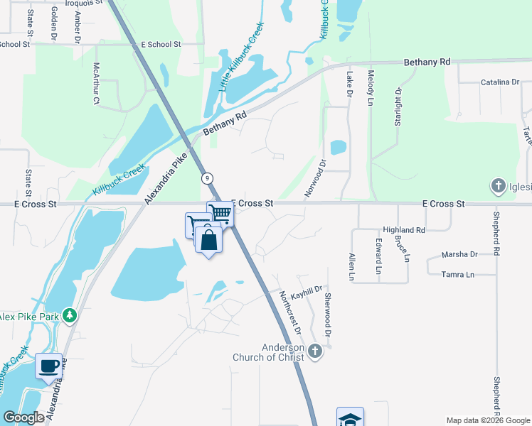 map of restaurants, bars, coffee shops, grocery stores, and more near 1700 East Cross Street in Anderson