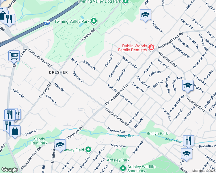 map of restaurants, bars, coffee shops, grocery stores, and more near 3122 Alpin Drive in Dresher