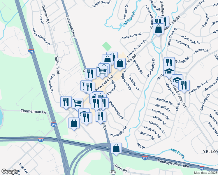 map of restaurants, bars, coffee shops, grocery stores, and more near 4352 New Falls Road in Levittown