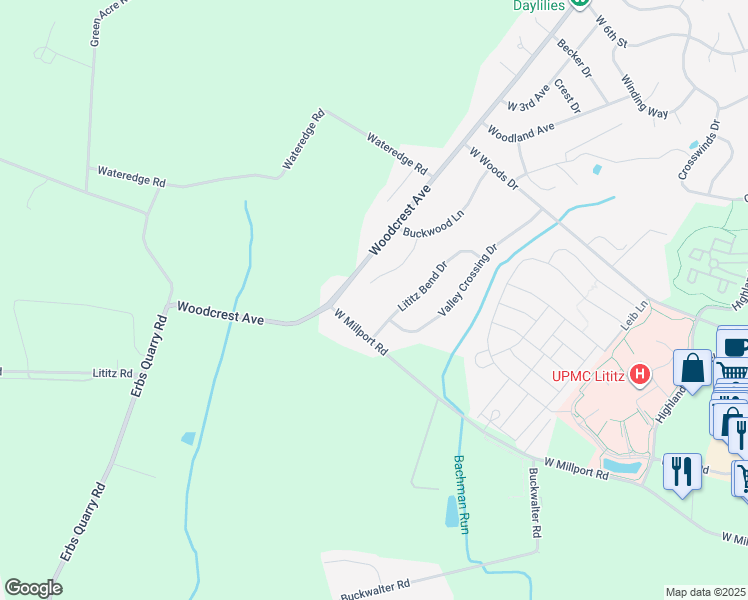 map of restaurants, bars, coffee shops, grocery stores, and more near 11 Oak Wood Lane in Lititz