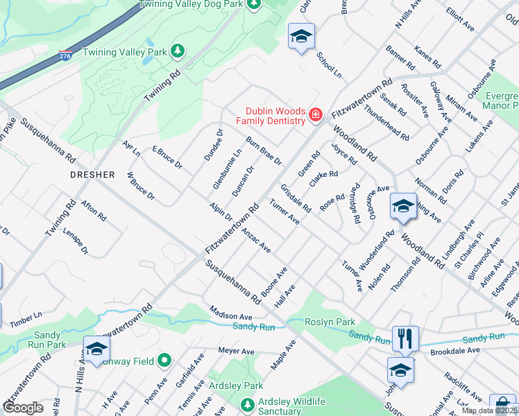 map of restaurants, bars, coffee shops, grocery stores, and more near 1231 Fitzwatertown Road in Abington