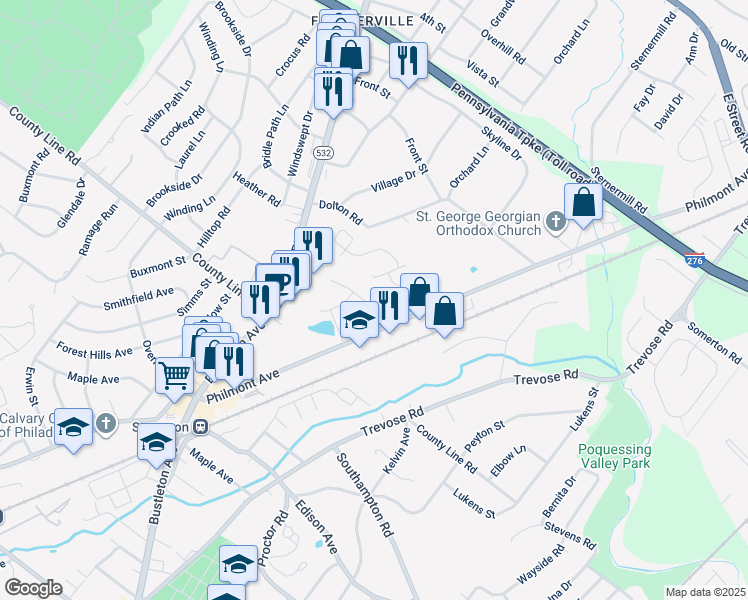 map of restaurants, bars, coffee shops, grocery stores, and more near 38 Lilly Drive in Feasterville-Trevose