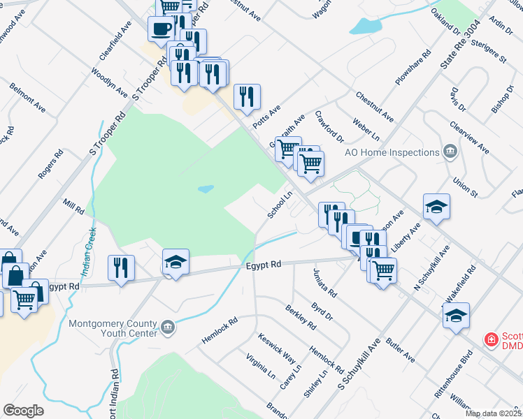 map of restaurants, bars, coffee shops, grocery stores, and more near 45 School Lane in Norristown