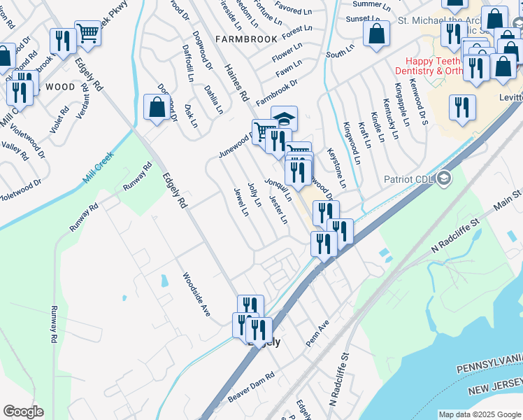 map of restaurants, bars, coffee shops, grocery stores, and more near 35 Jolly Lane in Levittown