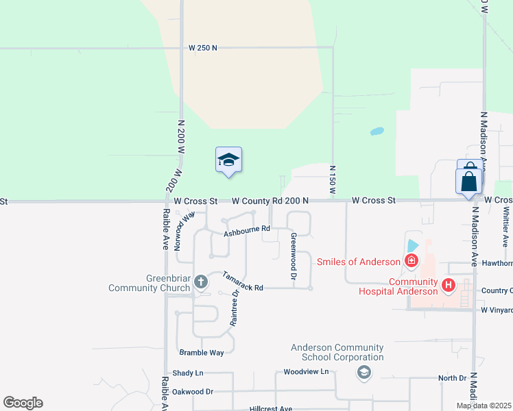 map of restaurants, bars, coffee shops, grocery stores, and more near 1845 West Cross Street in Anderson