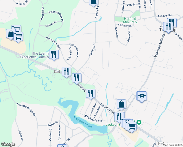 map of restaurants, bars, coffee shops, grocery stores, and more near 175 Bartley Road in Jackson Township