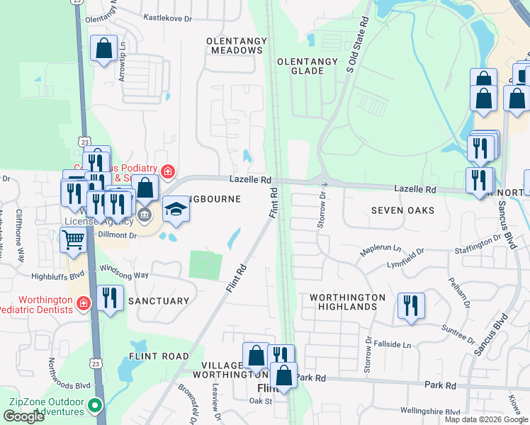 map of restaurants, bars, coffee shops, grocery stores, and more near 8273-8405 Flint Rd in Lewis Center